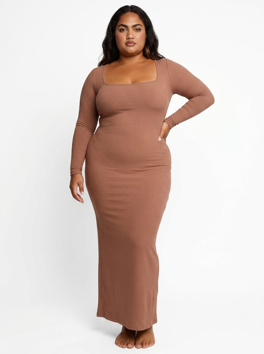 Shapewear Soft Modal Sculpting Dresses - Long Sleeve Maxi Dress Light Brown