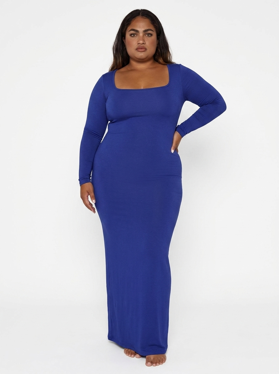 Shapewear Soft Modal Sculpting Dresses - Long Sleeve Maxi Dress Blue
